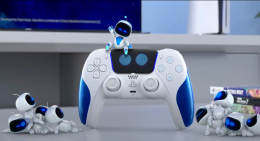 promotional image of the DualSense 5 controller designed to celebrate Astro Bot -- it has blue accents and an LED-style robot eye pattern on its touch pad